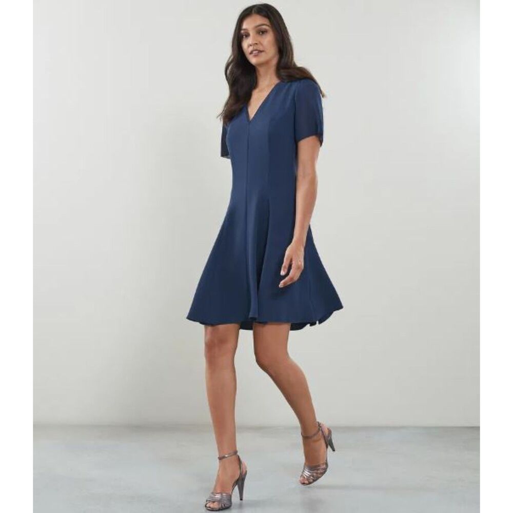 Reiss Women's Natalia V-Neck Fit And Flare Mini Dress Sz 2 Blue Cap Sleeves